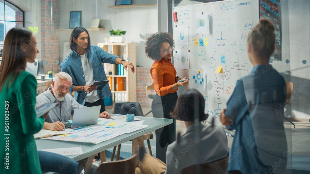 Poster portrait of a beautiful black woman in smart casual clothes doing a presentation in a meeting room f