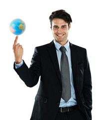 World globe spin, business man and portrait of global employee with earth, planet and travel sphere. Employee, international success and corporate suit of worker happy with isolated white background