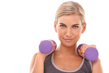 Studio portrait, dumbbells and woman at training, muscle development and wellness by white...
