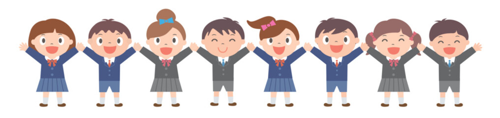 手をつなぐ子供たち　両手を挙げる子供たち　学生服
