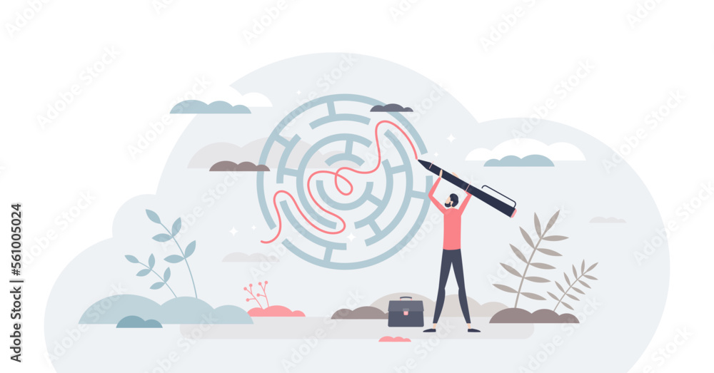 Poster business solution as messy maze solving skill or strategy tiny person concept, transparent backgroun