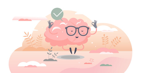 Calm brain meditation to relax balance or mental wellness tiny person concept, transparent background.Organ character with cute and funny peace control and mind focus illustration.