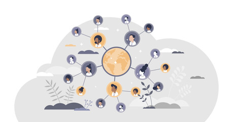 Connected people as social community networking worldwide tiny person concept, transparent background. Linking business contacts online in social media illustration.