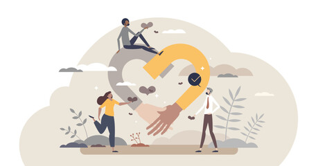 Empathy and emotional feeling support with understanding about other people problem situations tiny person concept, transparent background. Help in relationship crisis.