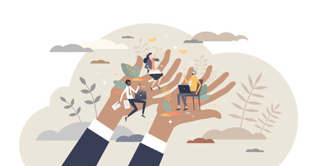 Employee care and labor support with social security tiny person concept, transparent background. Human resources work to protect team with benefits, loyalty and assurances illustration.