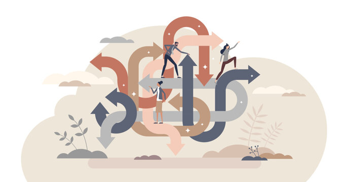 Decision making process with many solution path choices tiny person concept, transparent background. Thinking difficult and complex task questions or various performance outcomes illustration.