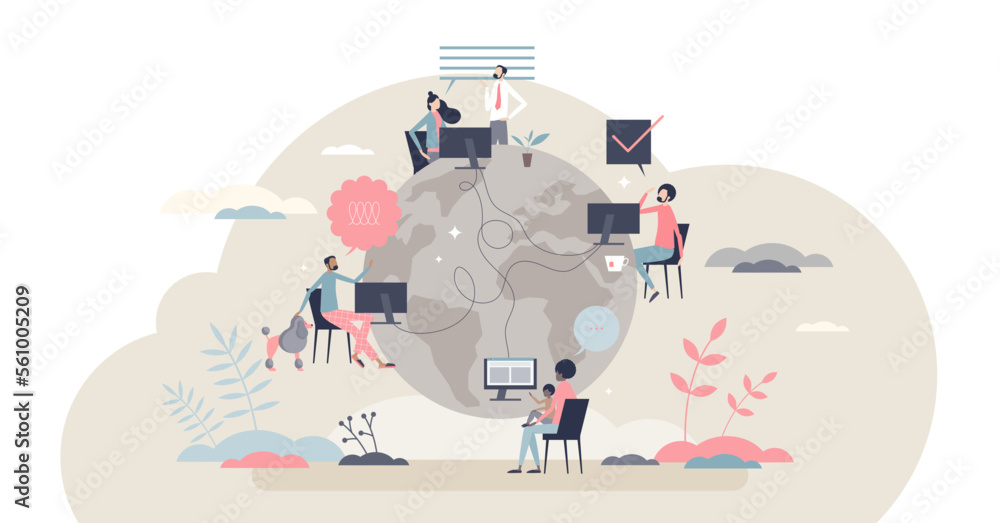 Poster remote work with distant employee network in internet tiny person concept, transparent background. c
