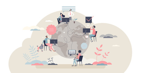 Remote work with distant employee network in internet tiny person concept, transparent background. Company virtual meeting, information exchange or data sharing with working from home illustration.
