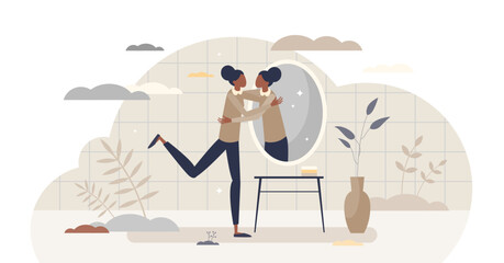 Self love hug as esteem and confidence for being woman tiny person concept, transparent background.