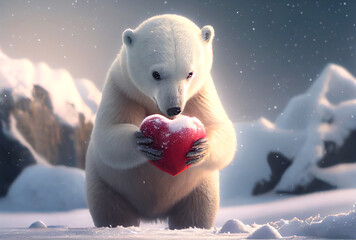 Cute Polar bear holding red heart lonely in north pole with snowfall background. Animal and landscape concept. Valentines day theme. Generative AI