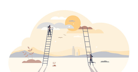 Taking small steps and be patient for big achievements tiny person concept, transparent background. Persistence and daily effort for target and goal reaching compared.