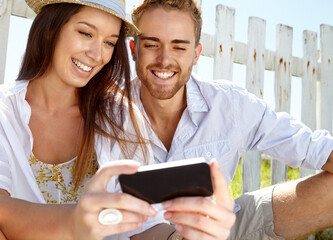 Happy couple, bonding or cellphone selfie in travel location, holiday vacation or destination break. Smile, man or woman on mobile photography technology for social media, profile picture or vlogging