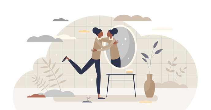 Self love hug as esteem and confidence for being woman tiny person concept, transparent background.