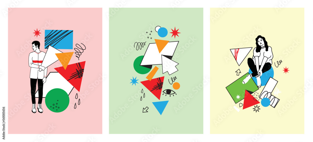 Poster outline characters, people in different poses and various geometric shapes and colorful abstract fig