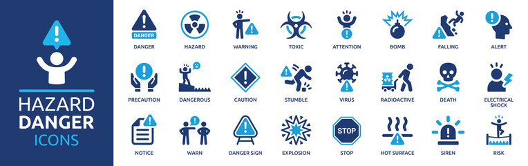 Hazard danger icon set. Containing warning sign, toxic, attention, siren, alert, caution and bomb icons. Solid icon collection. - obrazy, fototapety, plakaty
