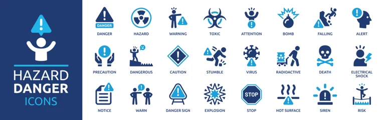 Tuinposter Hazard danger icon set. Containing warning sign, toxic, attention, siren, alert, caution and bomb icons. Solid icon collection. © Icons-Studio