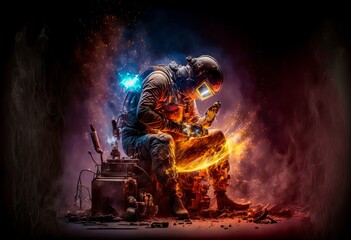 welder at work in dark style, illustration