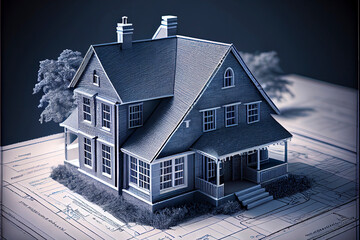House model on blueprint paper - real estate and property concept