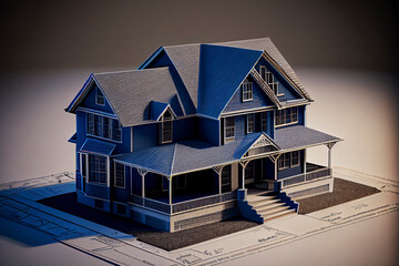 House model on blueprint paper - real estate and property concept