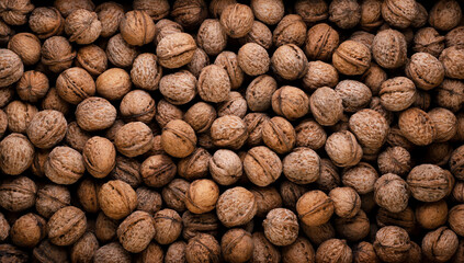 Lots of walnuts closeup background. Top view
