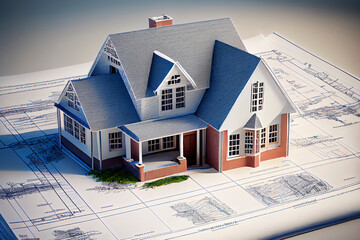 House model on blueprint paper - real estate and property concept
