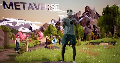 Young African American Man Using Virtual or Augmented Reality Glasses. Meetings in Virtual Space, Artificial World. Cross-Platform Social Networking. Metaverse as a Virtual Co-Working, Realization of