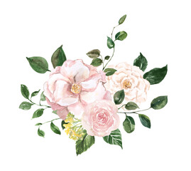 Peach pink and creme flowers painting. Watercolor floral bouquet illustration. Spring botanical arrangement with peonies and roses.
