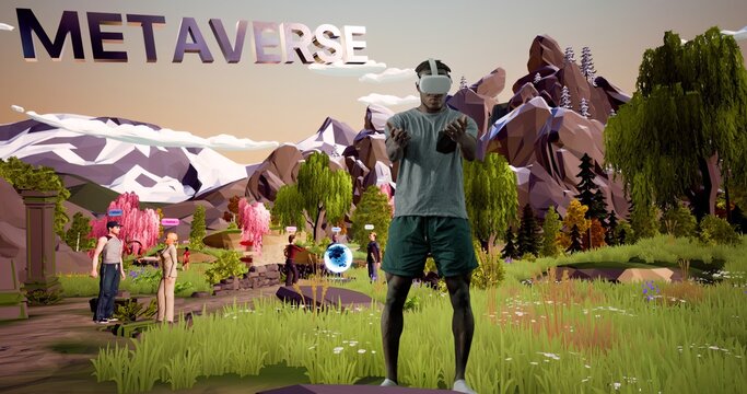 Young African American Man Using Virtual or Augmented Reality Glasses. Meetings in Virtual Space, Artificial World. Cross-Platform Social Networking. Metaverse as a Virtual Co-Working, Realization of