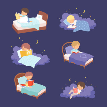 Cute Kids Reading Books Before Sleeping Set. Little Girls And Boys Lying In Bed And Fluffy Cloud At Night Cartoon