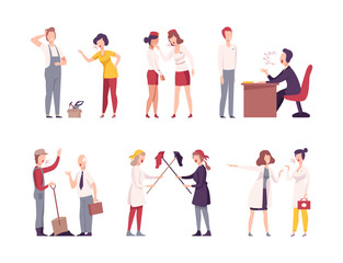 Obraz premium Furious employees shouting at each other set. Boss scolding incompetent workers flat vector illustration