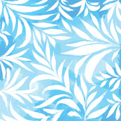 Fototapeta na wymiar Blue brush textured grunge vector background with white leaves botanical decoration