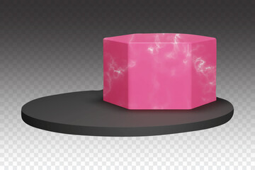 Pink hexagon and black round podium for product showcase. Double stone pedestal in vector