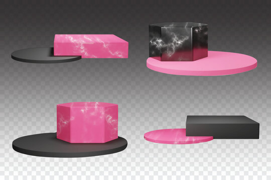 Black and pink jewelry pedestals. Cosmetic and beauty products podium compositions with marble texture. 3d platforms mockup in vector