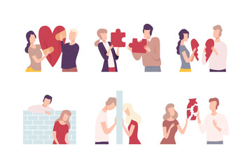 Set of couples trying to restore broken heart. Man and woman characters solving problems to return their love flat vector illustration