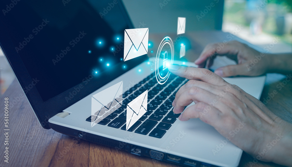 Poster close up finger touch to lock or encrypt the email on laptop. concept email marketing communication 