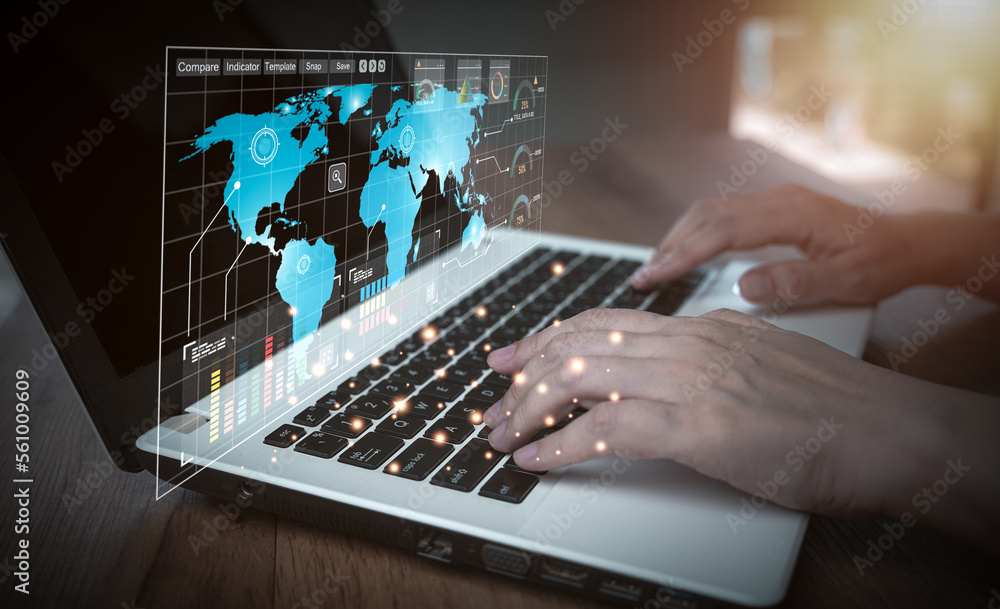 Poster close up hand use laptop keyboard. concept global communication business & technology. work from hom