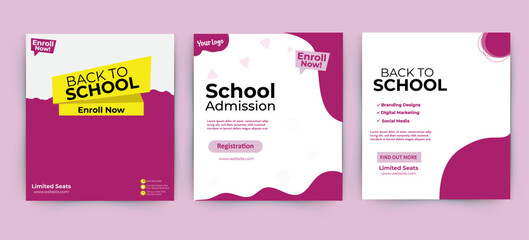 Back to school social media template designs, school admission web banner template design set
