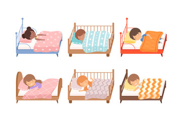 Set of cute kids sleeping in beds. Adorable boys and girls sleeping on pillows under blankets cartoon vector illustration
