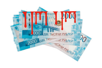 Russian rubles on a transparent background with blood. Business companies leave Russia. Rouble is the currency of the Russian Federation. Bloody money