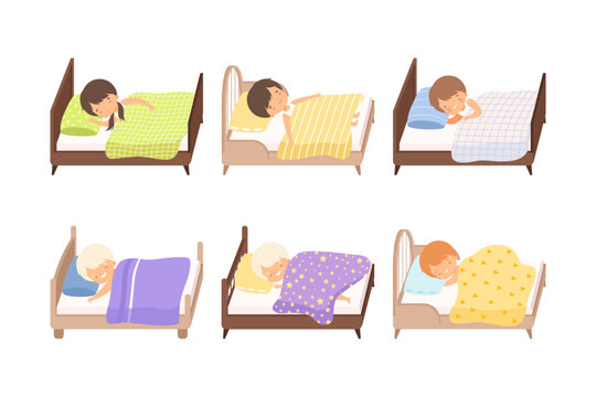 Set of cute adorable boys and girls kids sleeping in cozy beds cartoon vector illustration