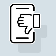 Fototapeta premium Phone with dislike line icon. Like, dislike, box, rate the service, clipboard with checkmark, rating, stars, clipboard with thumbs up. Feedback concept. Vector sticker line icon on white background