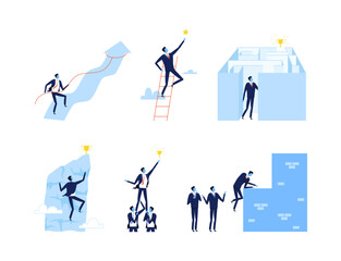 Businessman achieving of business success and reaching goals set. Challenge and career growth flat vector illustration