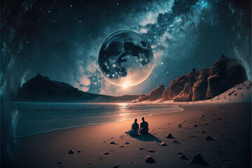 Couple Together on beach at night, big moon, Milkyway, mountains,  Valentine's Day ,Generative Ai