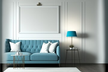 ai generated , big white living room.interior design,blue sofa