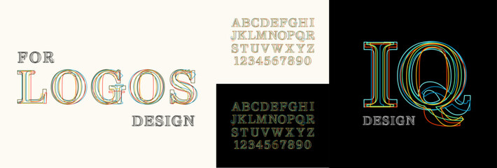 Decorative font, alphabet created from colored contours of different styles. Creative font for creating logos, monograms, for original design of texts.