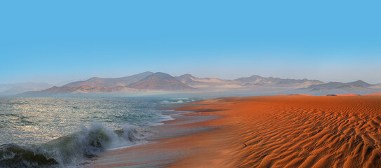 Namib desert with Atlantic ocean meets near Skeleton coast - 
Namibia, South Africa - obrazy, fototapety, plakaty