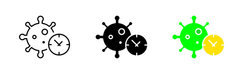Virus with clock line icon. Covid 19, coronavirus, self isolation, lockdown, quarantine, microbe, incubation period, disease spread, morbidity, immunity. Vector icon in line, black and colorful style