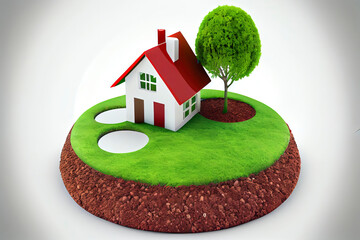 House symbol with location pin icon on round soil ground cross section with earth land
