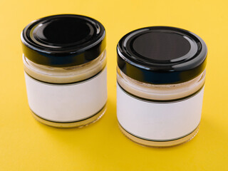 Variety of salad dressings in glass jars