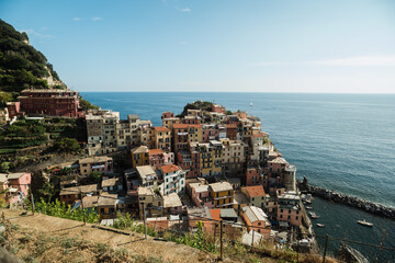 Stunning drone shots and close ups of the city Manarola at the sea side in Italy. 